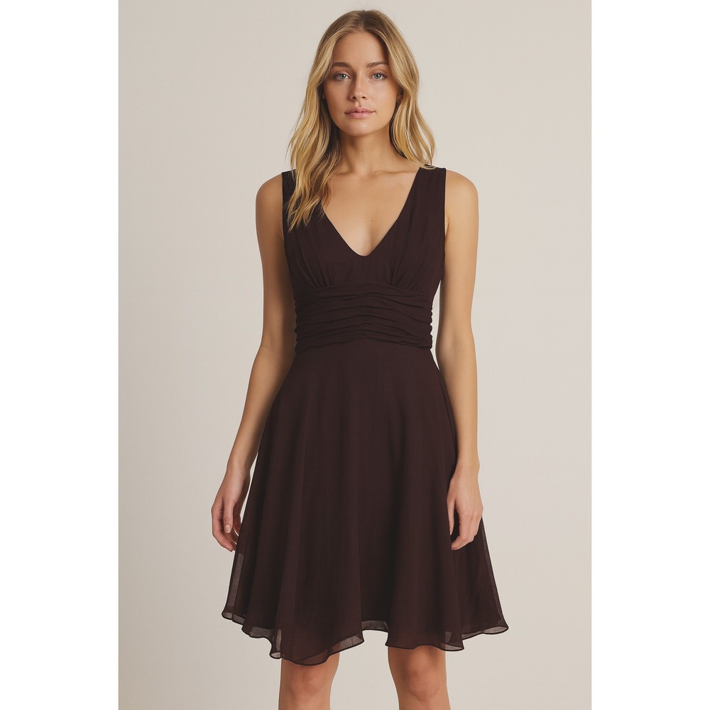 Signature by Robbie B 100%‎ Silk Chiffon Dress 12 Brown Sleeveless Ruched Waist